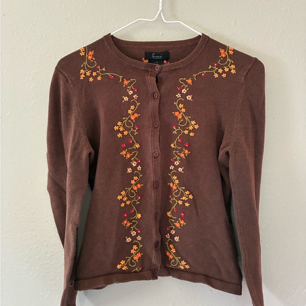 Brown Embroidered Floral Cardigan Sweater